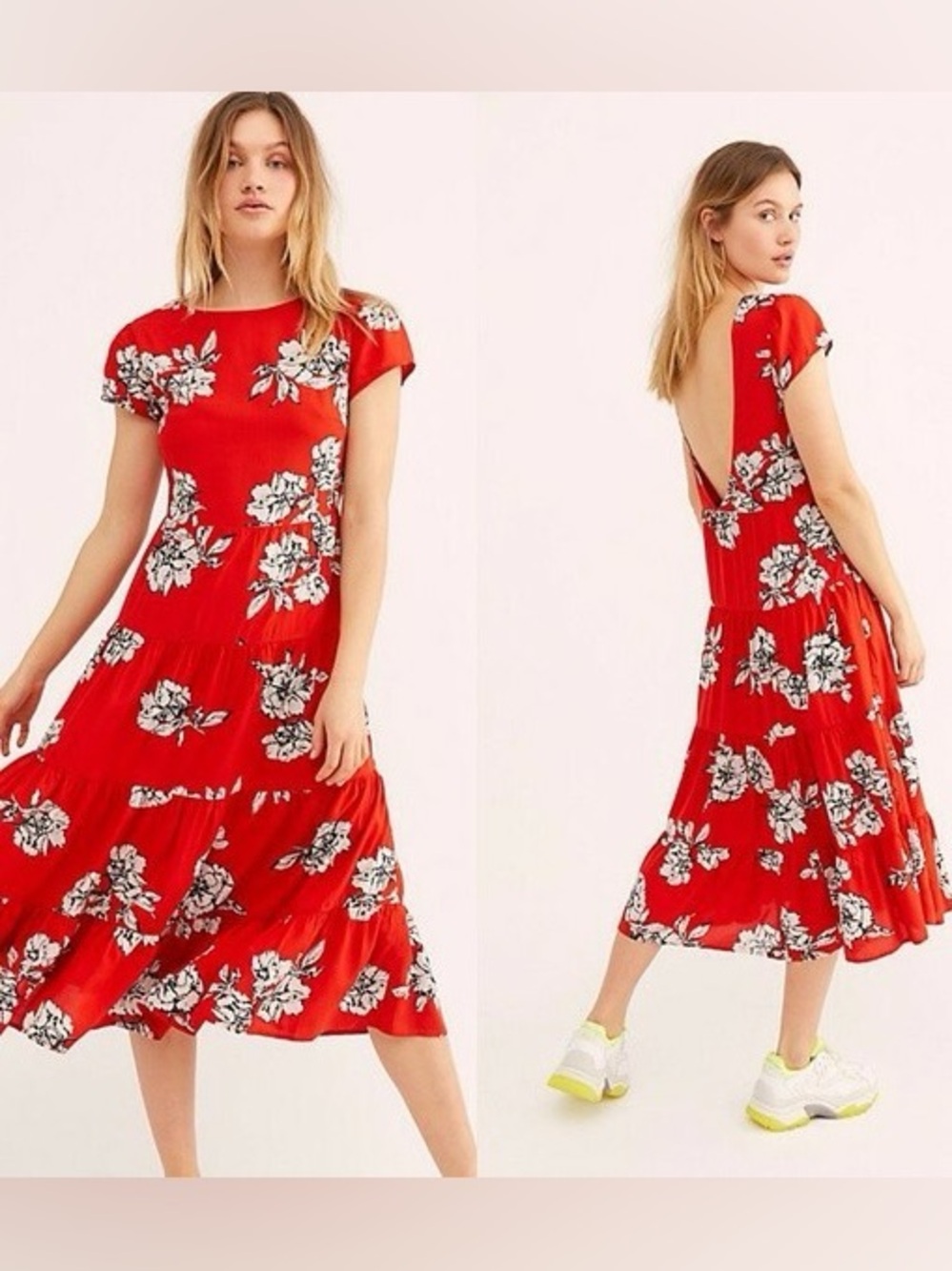 Free People | NWT Red Floral Backless Midi Dress - Picture 1 of 10